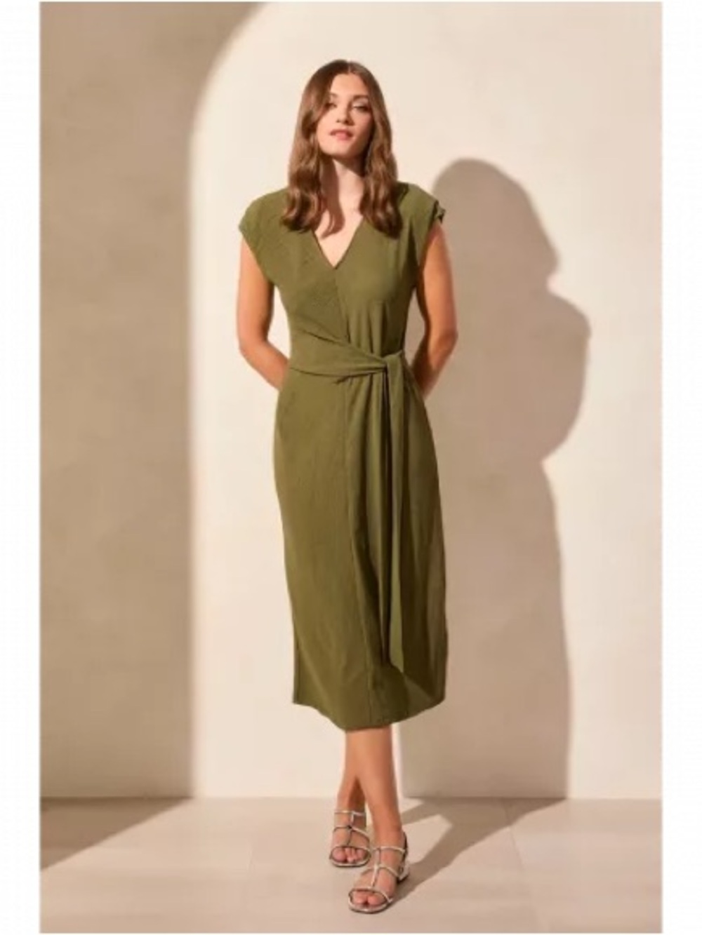 Tribal Size Small NWT Olive Green Cap-Sleeve Wrap Midi Dress